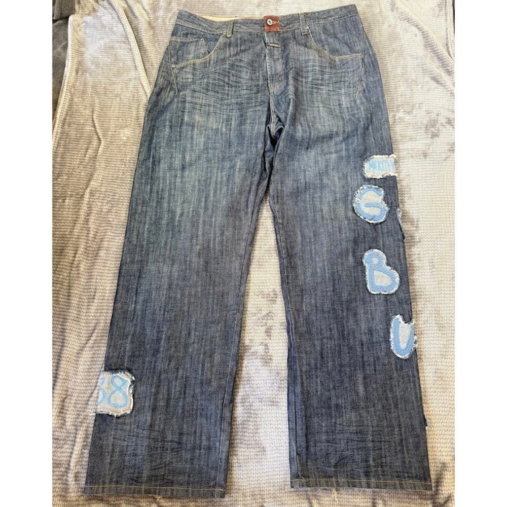 Marithe Francois Girbaud Baggy Denim Jeans Letter Patches Blue Mens 38X33.